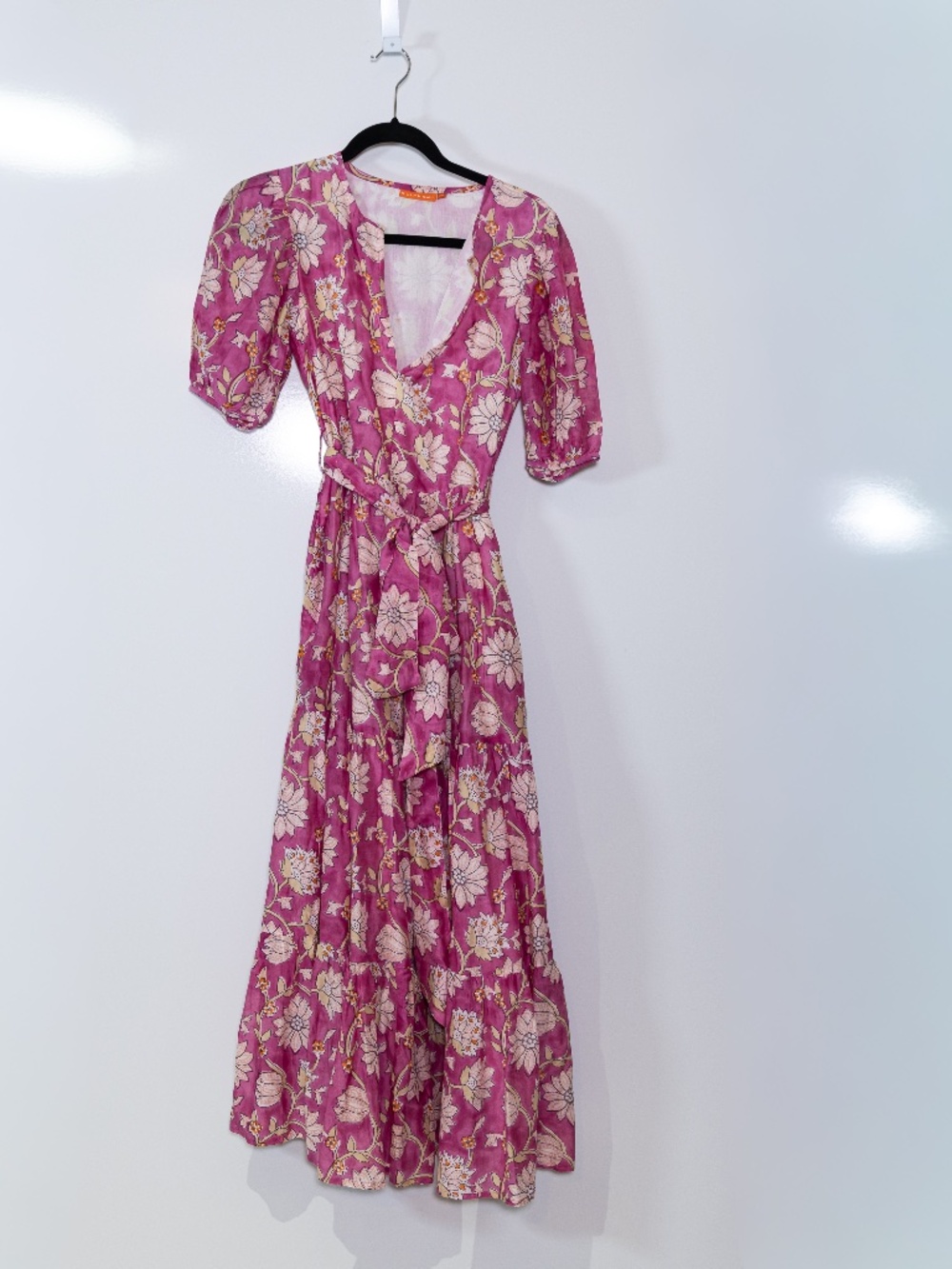 Oliphant Cotton V Neck Lightweight Tiered Belted Floral Print Pattern Maxi Dress